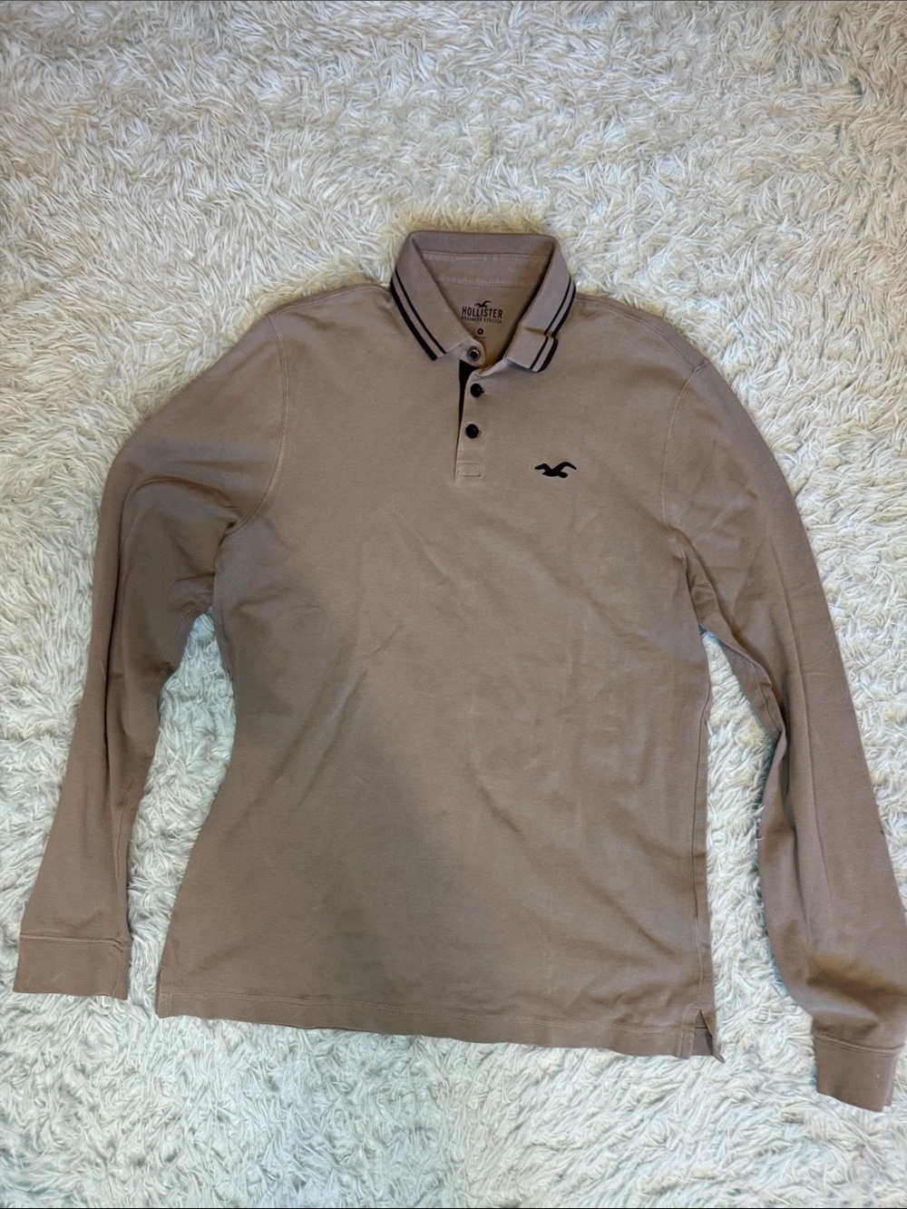 Hollister Men’s Long-Sleeve Polo - Taupe with Black Trim medium adult